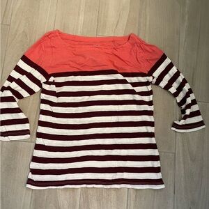 LOFT Coral and Burgundy Striped Long Sleeve Top